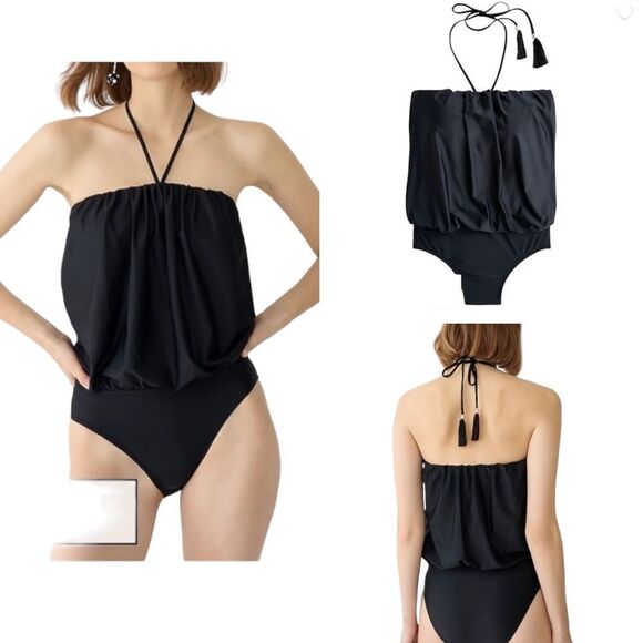 J Crew Black Jersey Lomellina Blouson Tassel Halter Strapless Swimsuit Sz 22 NWT - Picture 1 of 16